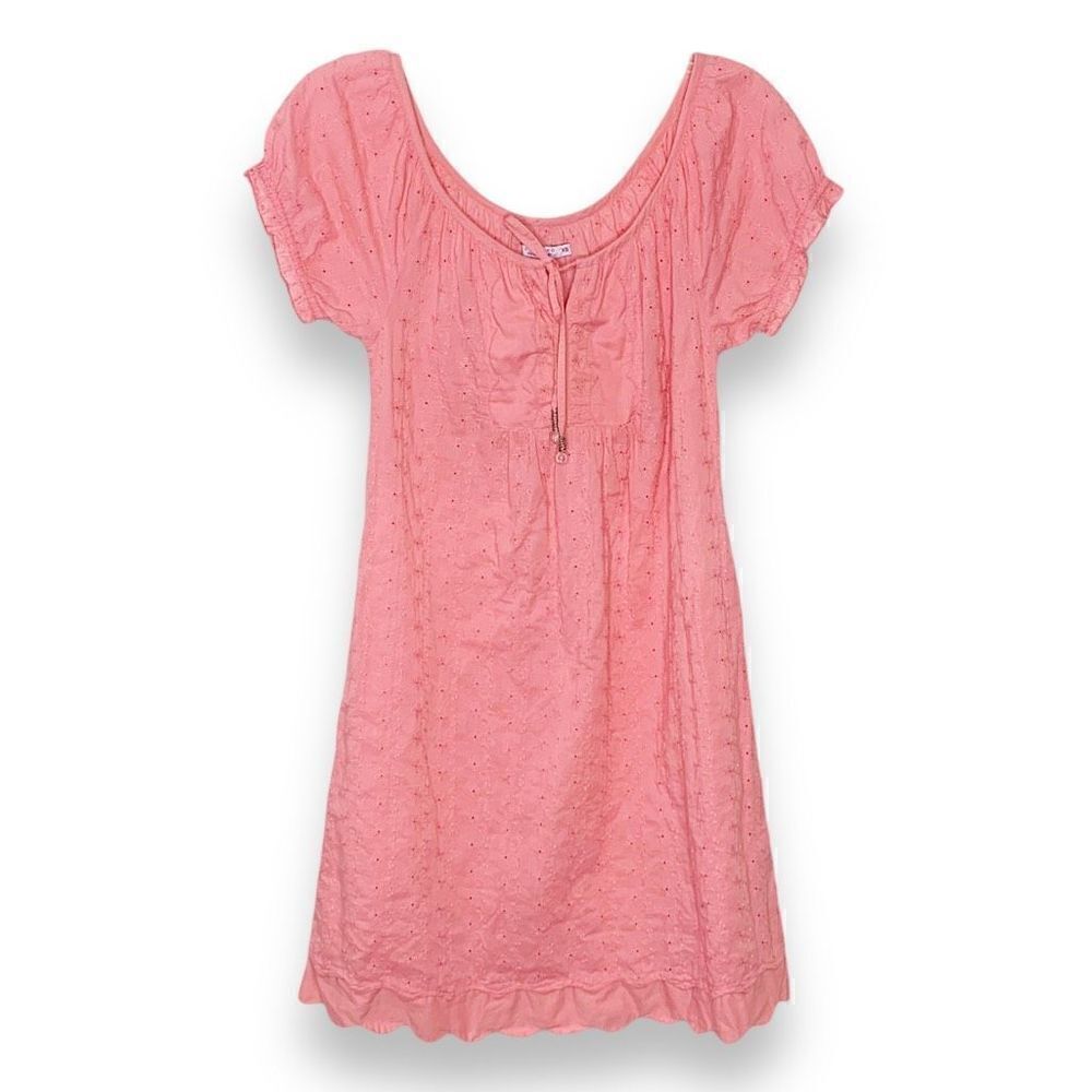 Calypso Christiane Cello Pink Eyelet Puff Sleeve Tie Tassel Bust Shift Dress XS